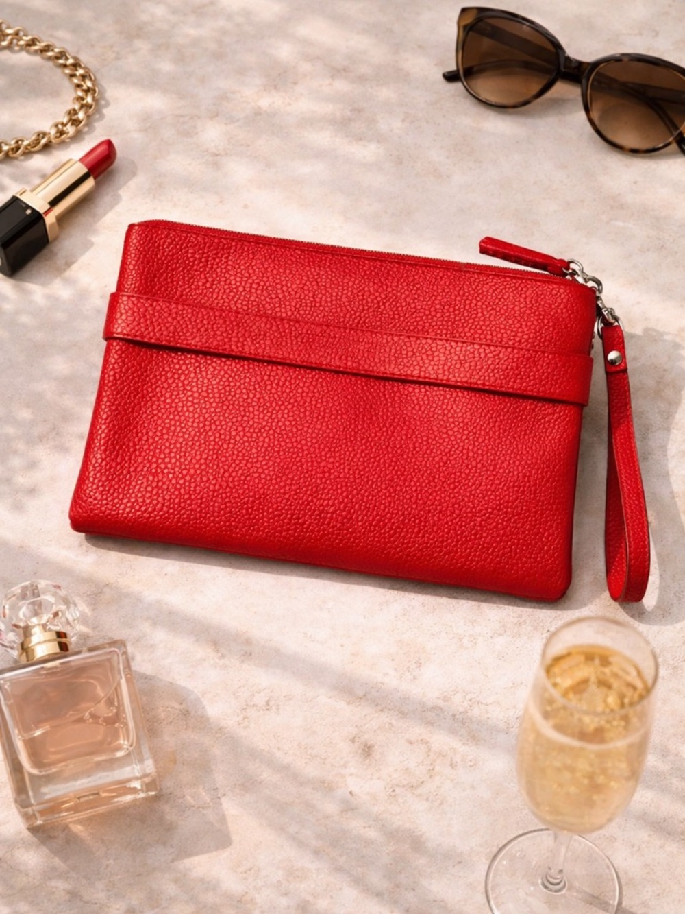 Lancel Paris Red Pebbled Leather Clutch Pouch Zip Top Designer Wristlet Bag